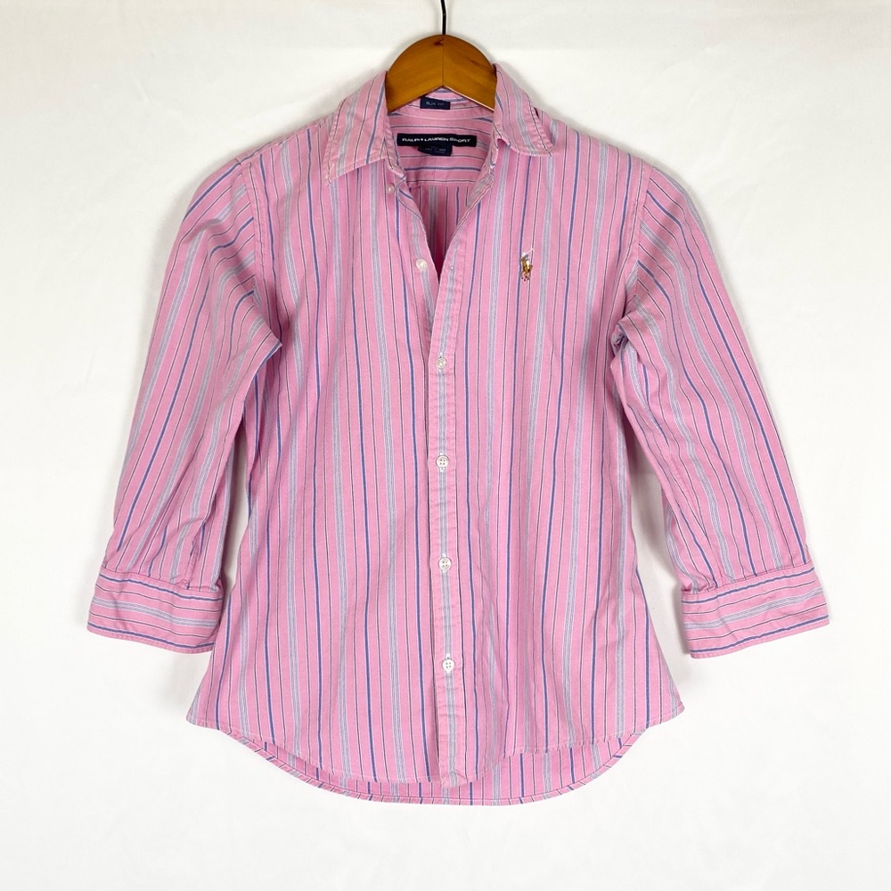 Vintage Ralph Lauren Sport Y2K Pink Stripe Shirt Collar Button Up Size 4 Cotton - Picture 1 of 5